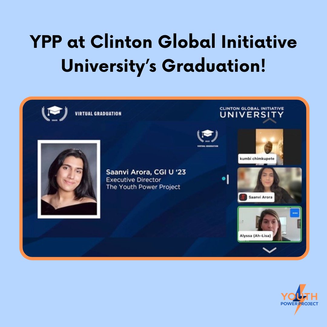 YPP’s Executive Director, Saanvi Arora, had the wonderful opportunity to speak at <a href="/clintonglobal/">Clinton Global Initiative</a>'s <a href="/CGIU/">Clinton Global Initiative University</a> 2023 Virtual Graduation! We are proud of Saanvi for her tireless efforts embodying the vision of CGIU. 

#YouthLeaders #ClintonGlobalInitiative #YouthPowerProject