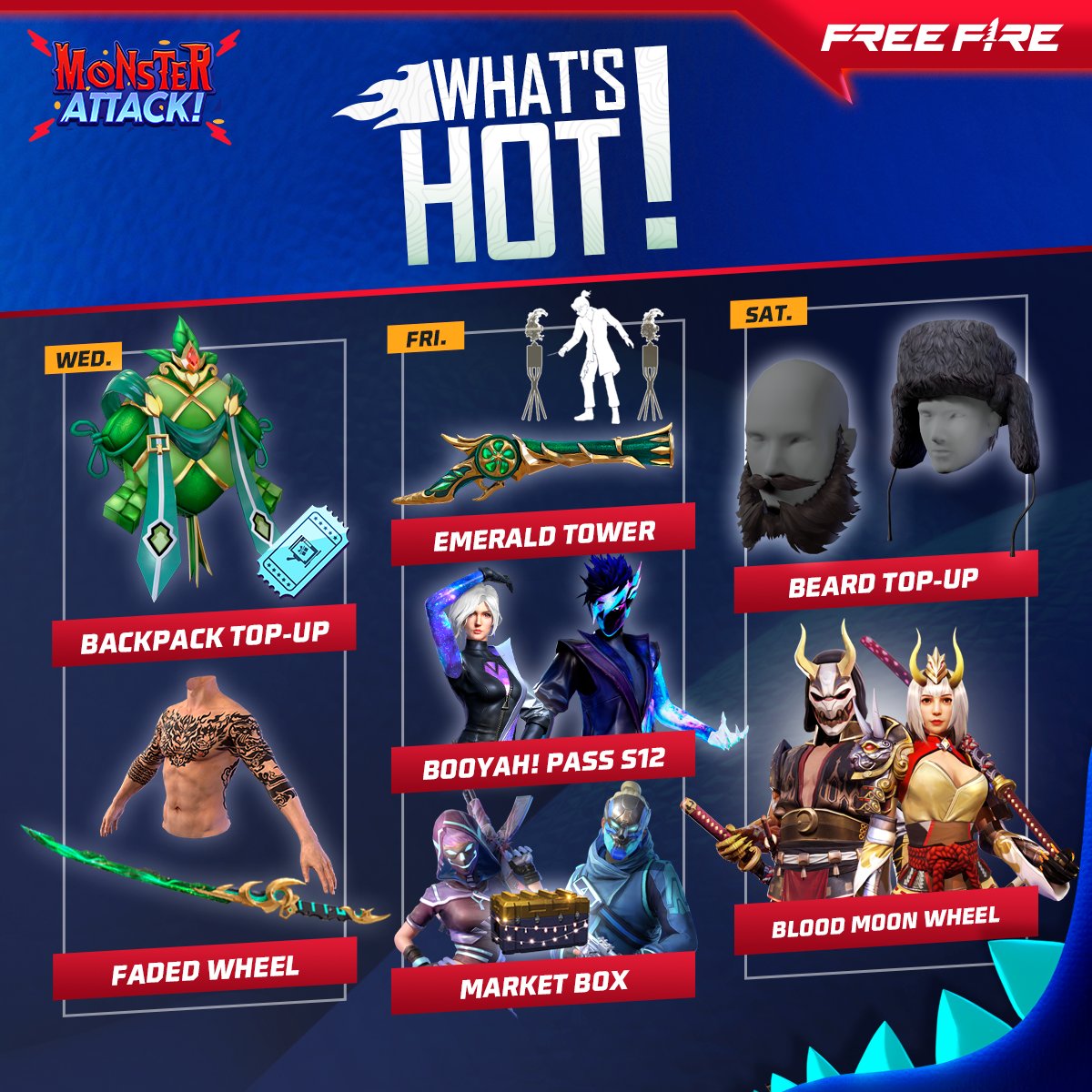 Garena Free Fire North America on X: 🔥📕WEEKLY SCHEDULE TIME📕🔥 What's  🔥 in #FreeFire this week: New emotes arrive through the Hacker Store and  Emote Topup, the Underworld Wrecker and Liberty Superjock