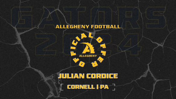 JulianCordice's tweet photo. After a talk with @Coach_Layer I am blessed to receive my first offer from Allegheny College! @Coachdawson17 https://t.co/QqdV0NqUFF