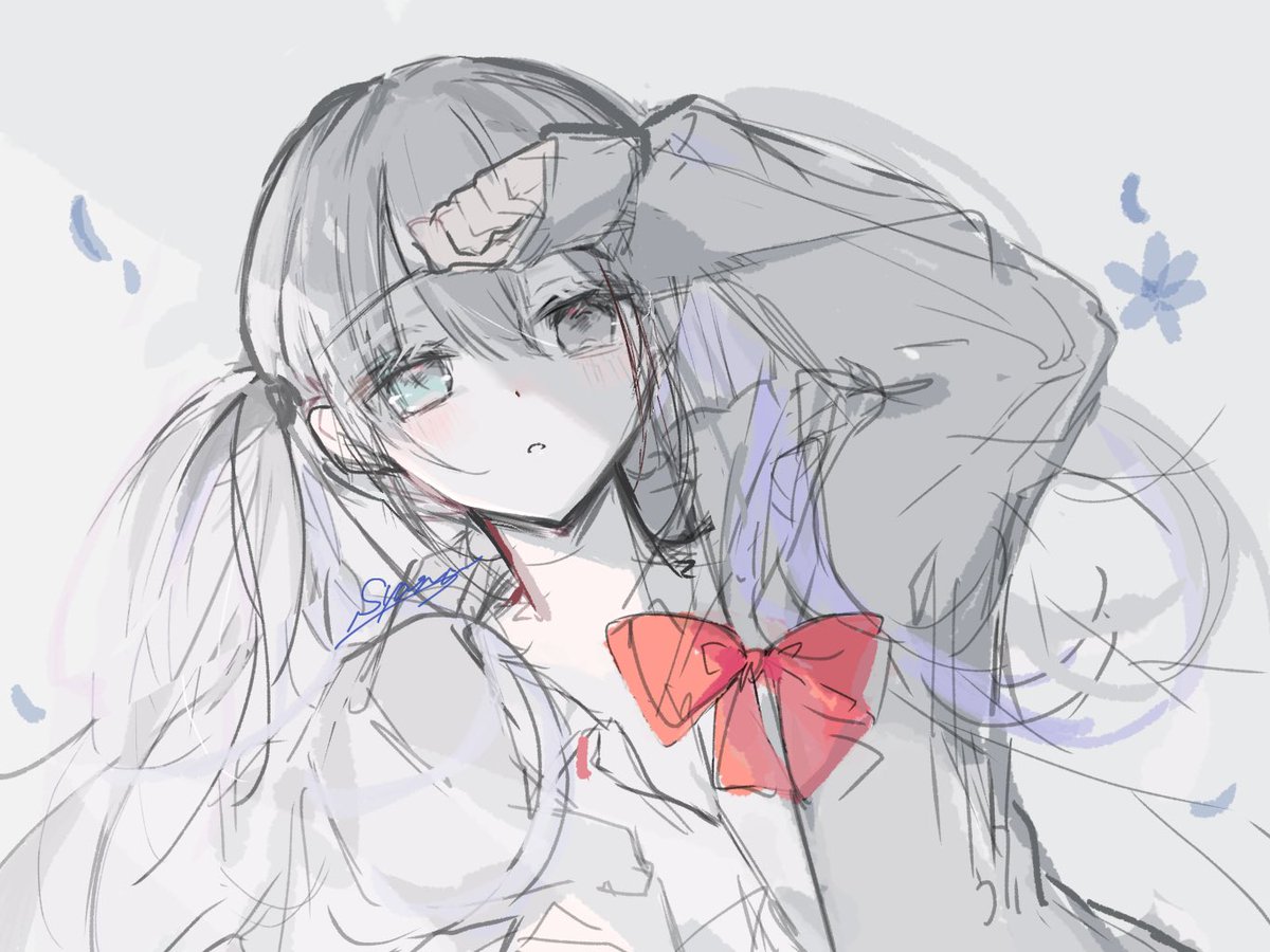 1girl solo bow long hair sketch twintails heterochromia  illustration images