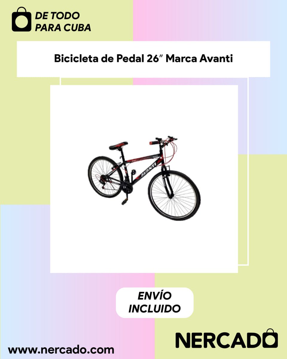 NercadoCuba's tweet photo. ¡Explora Cuba de una manera única y divertida con la bicicleta de pedal de 26" marca Avanti!
¡Envía esta increíble bicicleta con Nercado!
#bicicleta #exploracuba #envíosacuba #Nercado #avanti https://t.co/GFkFk576eb