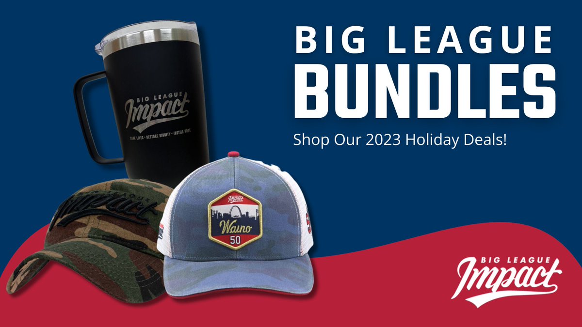 Shop, save & support #BigLeagueImpact! Save 20% when you bundle a BLI Mug with our fan-favorite Waino Cap OR our super soft camo hat. Simply add both items to your cart — discount automatically applied at checkout. Shop now at bigleagueimpact.org/shop. @UncleCharlie50 @kgib44