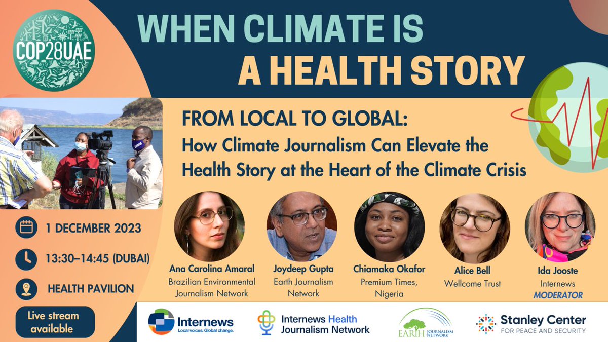 Join <a href="/earthjournalism/">Earth Journalism Network</a> <a href="/InternewsHJN/">Internews Health Journalism Network (HJN)</a> <a href="/StanleyConnect/">Stanley Center for Peace and Security</a> at #cop28 to talk about how journalists can elevate their health stories! Register:
web.cvent.com/event/83e94ff9…