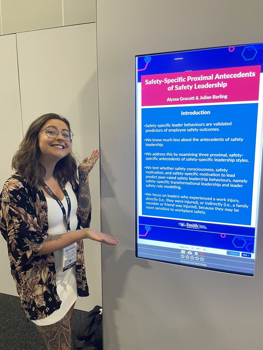 AlyssaGrocutt's tweet photo. Wonderful to have some of my research, done with @JulianBarling, on display in the digital posters at @WorldCongress23 

#Safety2023 #WorkplaceSafety #safetyleaders https://t.co/Ucrw8tsCIR