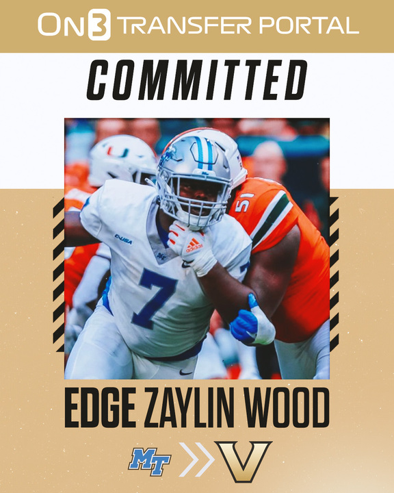 Middle Tennessee transfer EDGE Zaylin Wood tells @On3sports he's committed to Vanderbilt. A team captain with 49 career starts, he had a pick-six, fumble recovery and two sacks in the Blue Raiders’ win at Miami in '22. on3.com/transfer-porta…