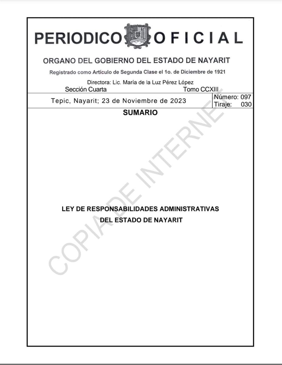 robertolp9's tweet photo. Entró en vigor la Ley de Responsabilidades Administrativas para el Estado de Nayarit. 24 de noviembre de 2023. https://t.co/aPZFFyZOlu