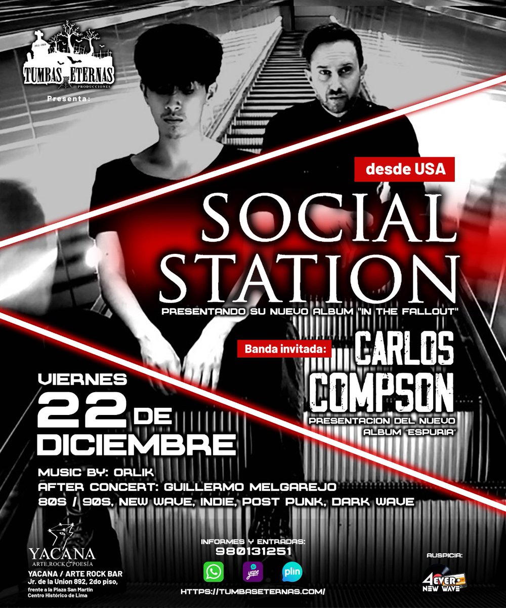 CONCIERTO - FIESTA
-----------------
Social Station en Lima
Viernes 22 de Diciembre
Yacana Bar : Jr. de la Union 892 - 2do piso, Frente a la Plaza San Martin en el Centro Histórico de Lima.
-----------------
Social Station (USA)
Presentando su nuevo álbum In the Fallout