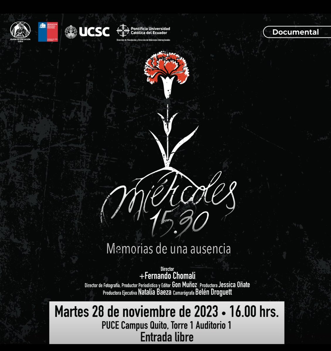 ArriaranChile's tweet photo. Junto al vicerrector @ucscconcepcion Alfredo García y la vicerrectora @PUCE_Ecuador Patricia Carrera, exhibimos el documental  "Miércoles 15.30 horas", dirigido por el arzobispo @FernandoChomali, ante una gran número de estudiantes de la Universidad Católica de 🇪🇨 https://t.co/WJ2TIYa2pG