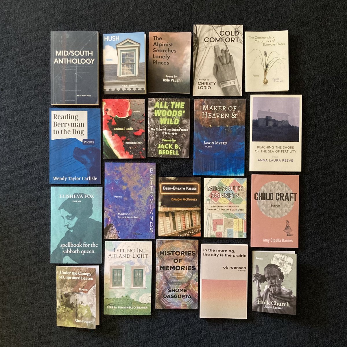 A spread of all 20 Belle Point Press titles lie face-up on a dark blue rug.