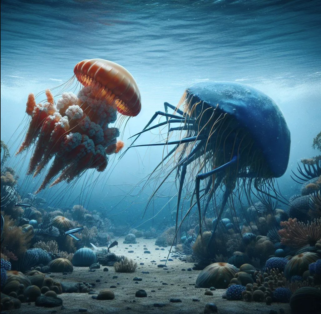 zacknotes's tweet image. I&apos;m trying to use DallE3 to create images for a jellyfish fight (long story) and DallE is creating entirely new species. And they&apos;re scary AF! It&apos;s like worse than stranger things
