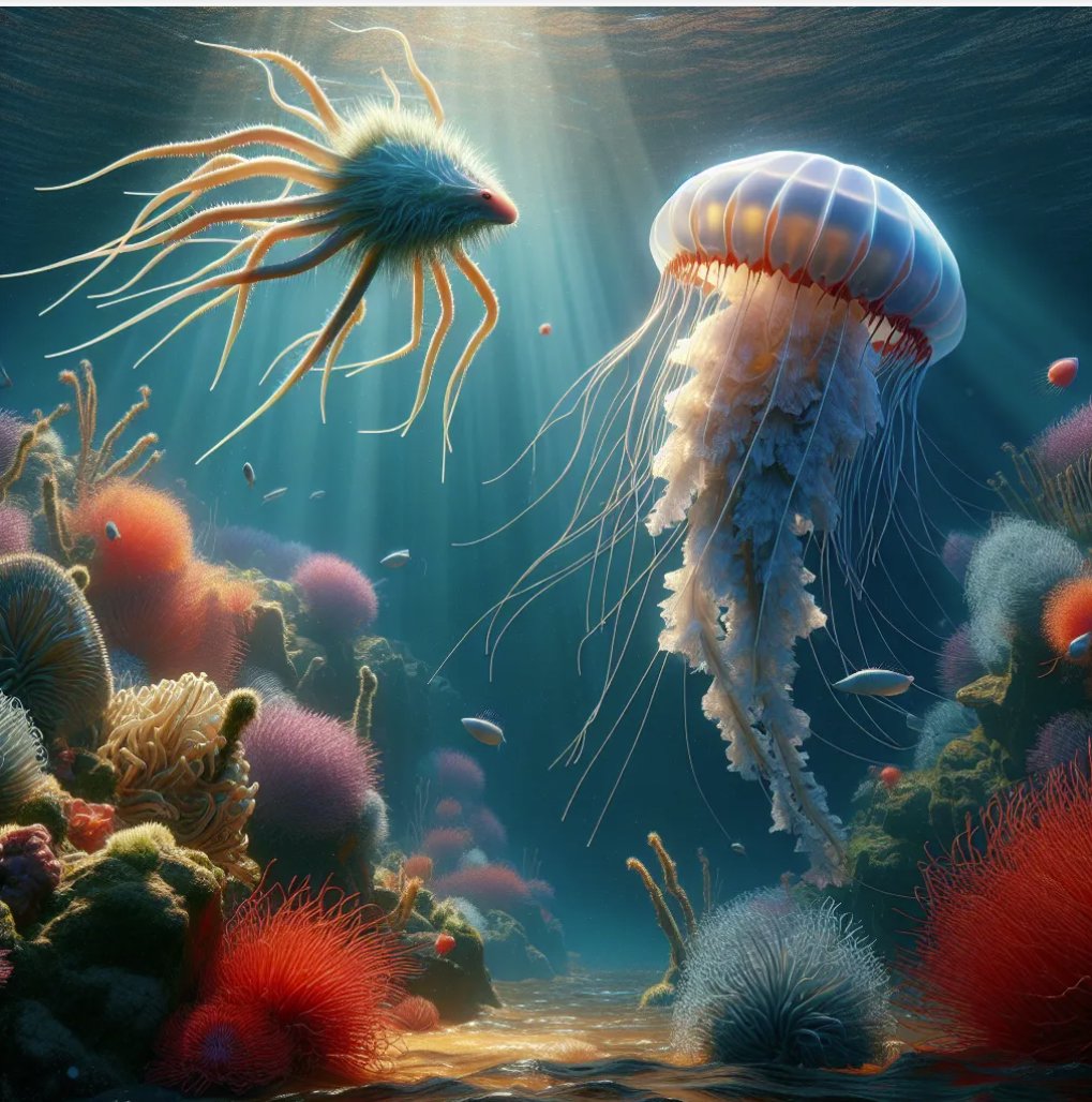 zacknotes's tweet image. I&apos;m trying to use DallE3 to create images for a jellyfish fight (long story) and DallE is creating entirely new species. And they&apos;re scary AF! It&apos;s like worse than stranger things