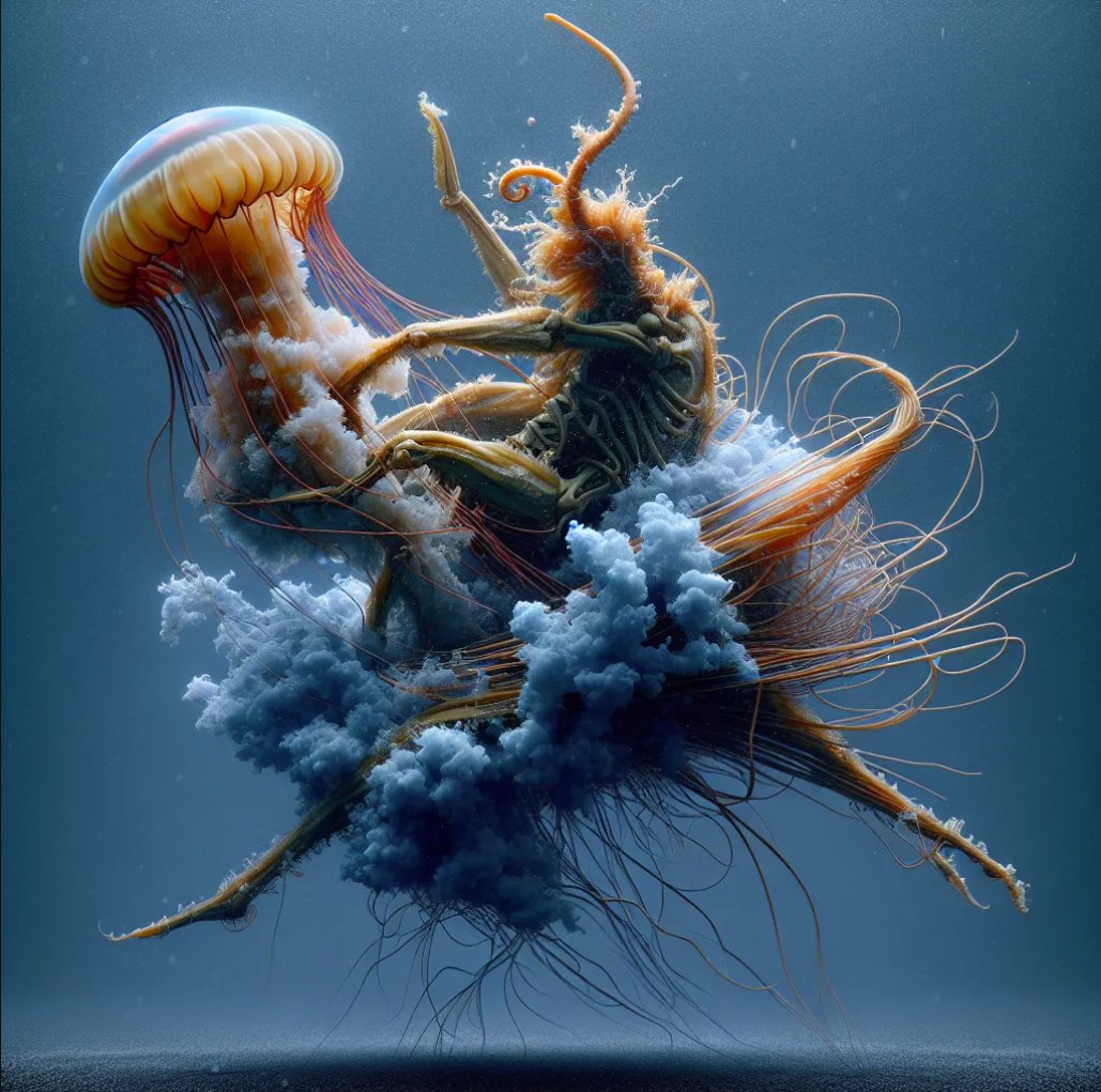 zacknotes's tweet image. I&apos;m trying to use DallE3 to create images for a jellyfish fight (long story) and DallE is creating entirely new species. And they&apos;re scary AF! It&apos;s like worse than stranger things