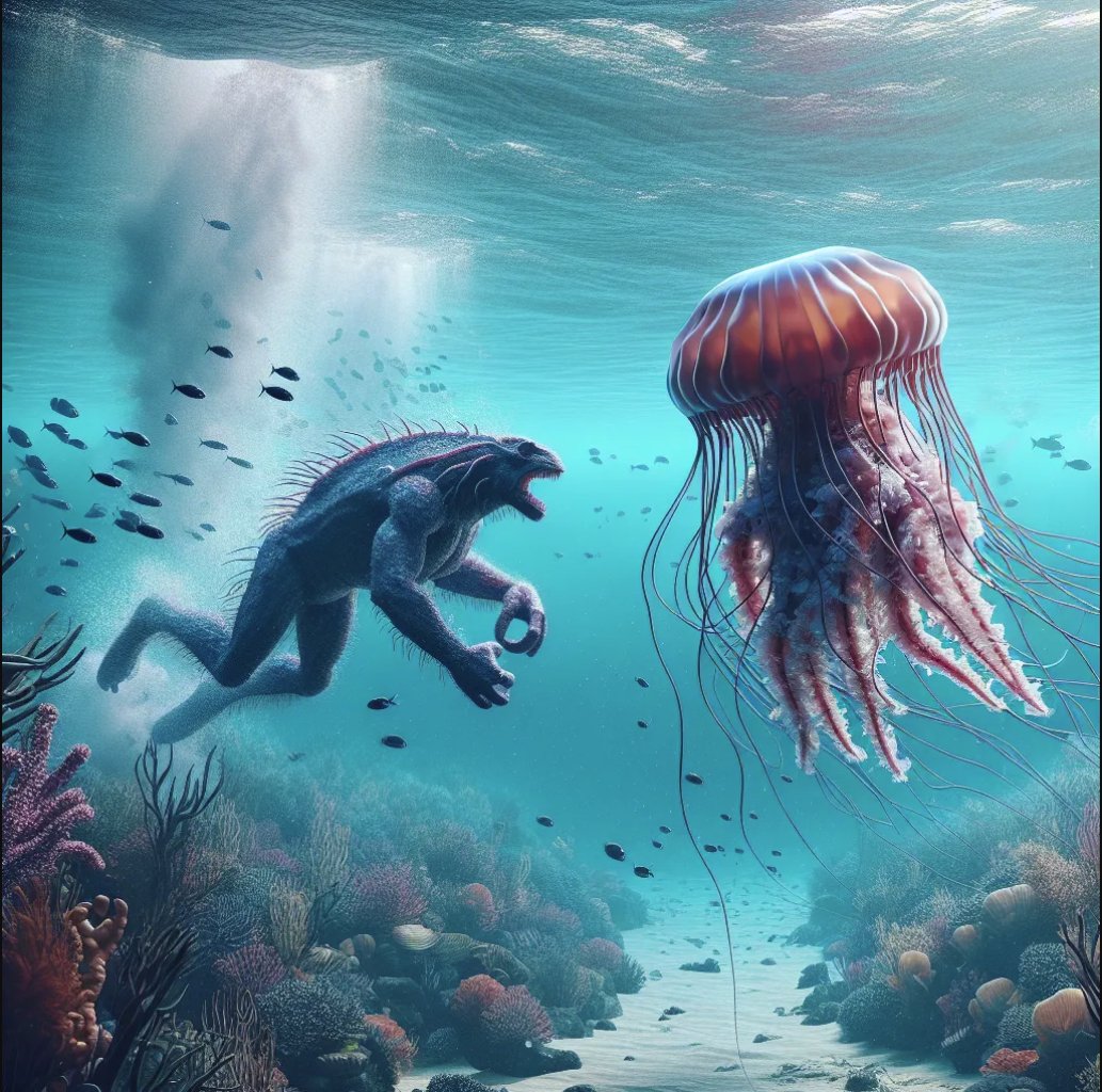 zacknotes's tweet image. I&apos;m trying to use DallE3 to create images for a jellyfish fight (long story) and DallE is creating entirely new species. And they&apos;re scary AF! It&apos;s like worse than stranger things