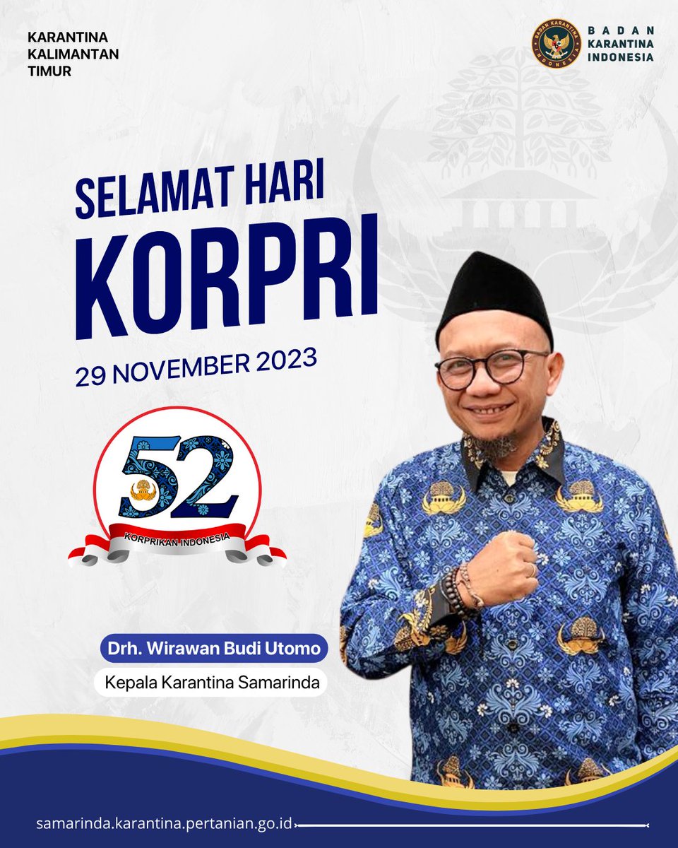 KarantinaSMD's tweet photo. Selamat Hari Korpri ke-52 Tahun 2023! 
29 November 2023

Semoga semangat dan dedikasi seluruh pegawai negeri terus menjadi pilar pembangunan bangsa.

#karantinasamarinda https://t.co/grJnzO6Cm9