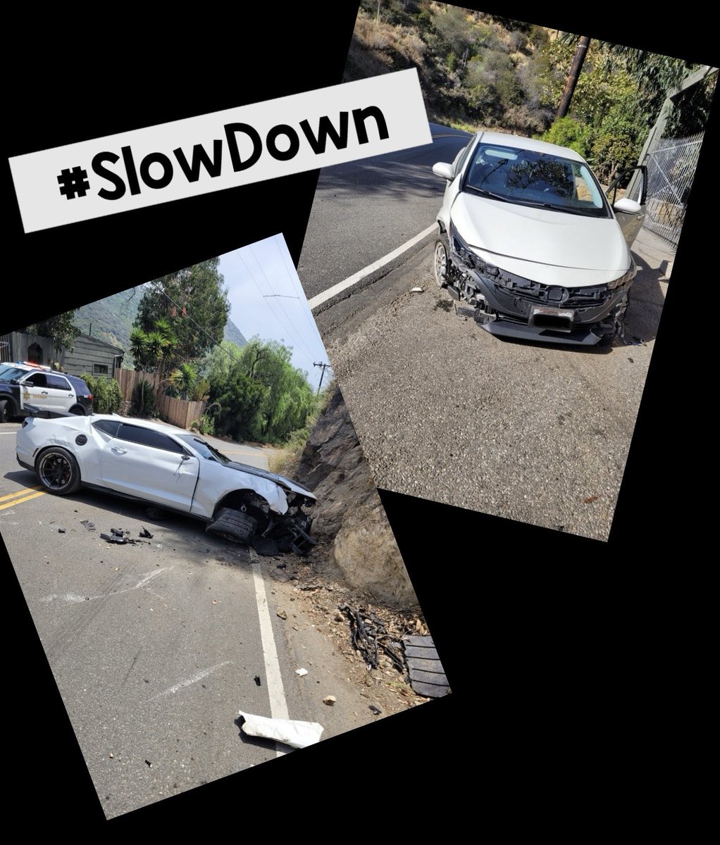 LHSLASD's tweet image. #SlowDown is not only a message for the sports cars, but for everyone out there. These collisions were both on Las Flores Cyn, approximately 1/2 mi north of PCH, cars speeding around the bends. The Camaro was earlier this year and the Prius occurred over this past weekend.