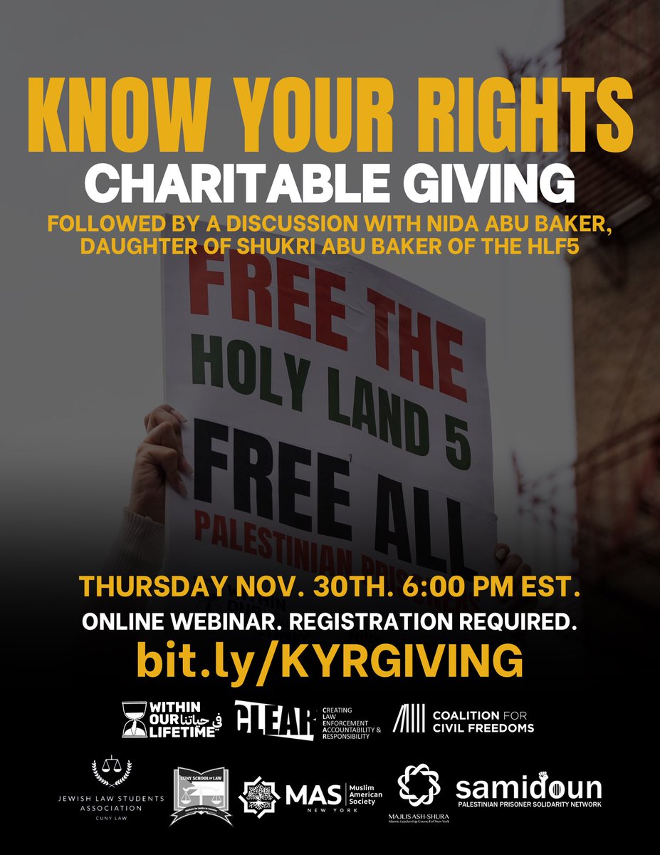 This Thursday 11/30 at 6 pm EST join WOL and @CUNY_CLEAR for an online interactive Know Your Rights presentation and discussion about charitable giving and the movement for Palestinian freedom. Registration required! bit.ly/KYRGIVING