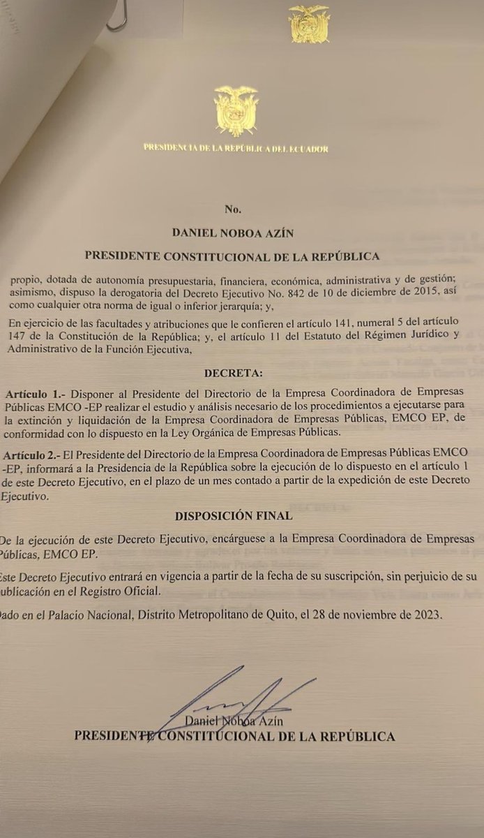 Los gremios de profesionales de los sectores de electricidad y telecomunicaciones felicitamos al sr presidente <a href="/DanielNoboaOk/">Daniel Noboa Azin</a> por tan acertada decisión, necesario este primer paso para cumplir con el objetivo de acabar con la corrupción. @RecNaturalesEC <a href="/Telecom_Ec/">Ministerio de Telecomunicaciones Ecuador 🇪🇨</a> <a href="/andrearrobo/">Andrea Arrobo Peña</a>