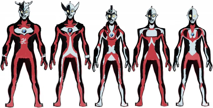 ウルトラ兄弟を、アメコミヒーローみたいにシルエットで差をつけられないかなという試み。セブンを細身長身にしたくなる。エースはなで肩、幅狭にしましたが、もうちょい小柄にしたいかな?レオはもっとムキムキかムチムチに。