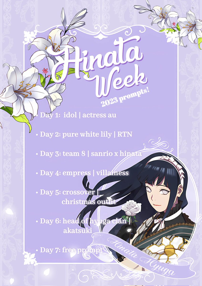 HinataWeek's tweet photo. Kon'nichiwa! Prompts and Guidelines for Hinata Hyuga Week 2023 is here! 💜

#HinataWeek2023 #日向ヒナタ https://t.co/Aj9nxCRvCJ