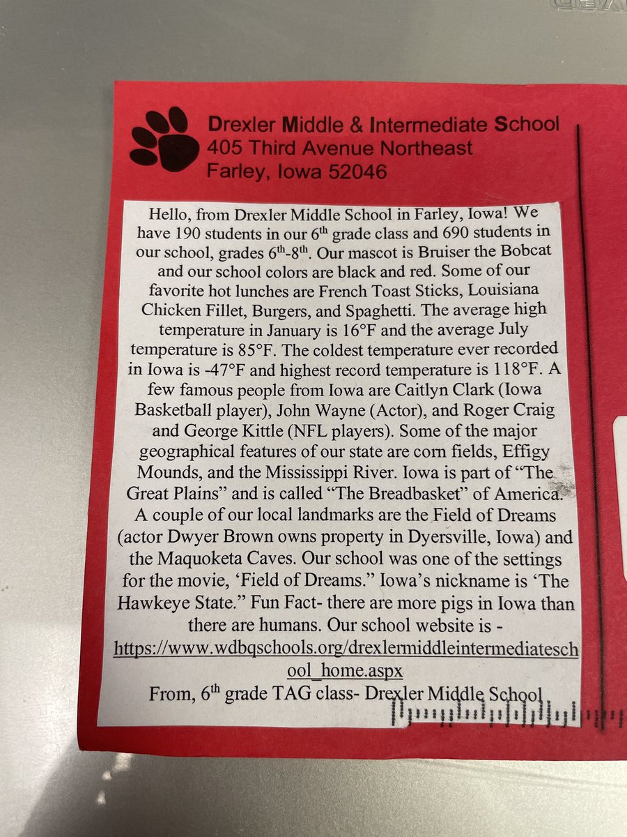 Thank you to the students at Jean Steckle Public School in Canada and Drexler Middle School in Iowa for the postcards that arrived today!
#gpe23_24