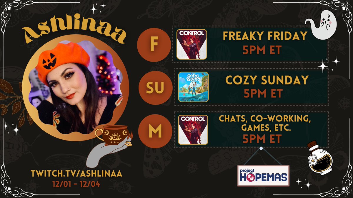 Here is my schedule for the week✨
We'll be starting up our FIRST play through of Control this Friday, AS WELL as fundraising for <a href="/projecthopeorg/">Project HOPE</a>. Excited to jump into another story game &amp; crush our goal(s) for charity.  See you then!