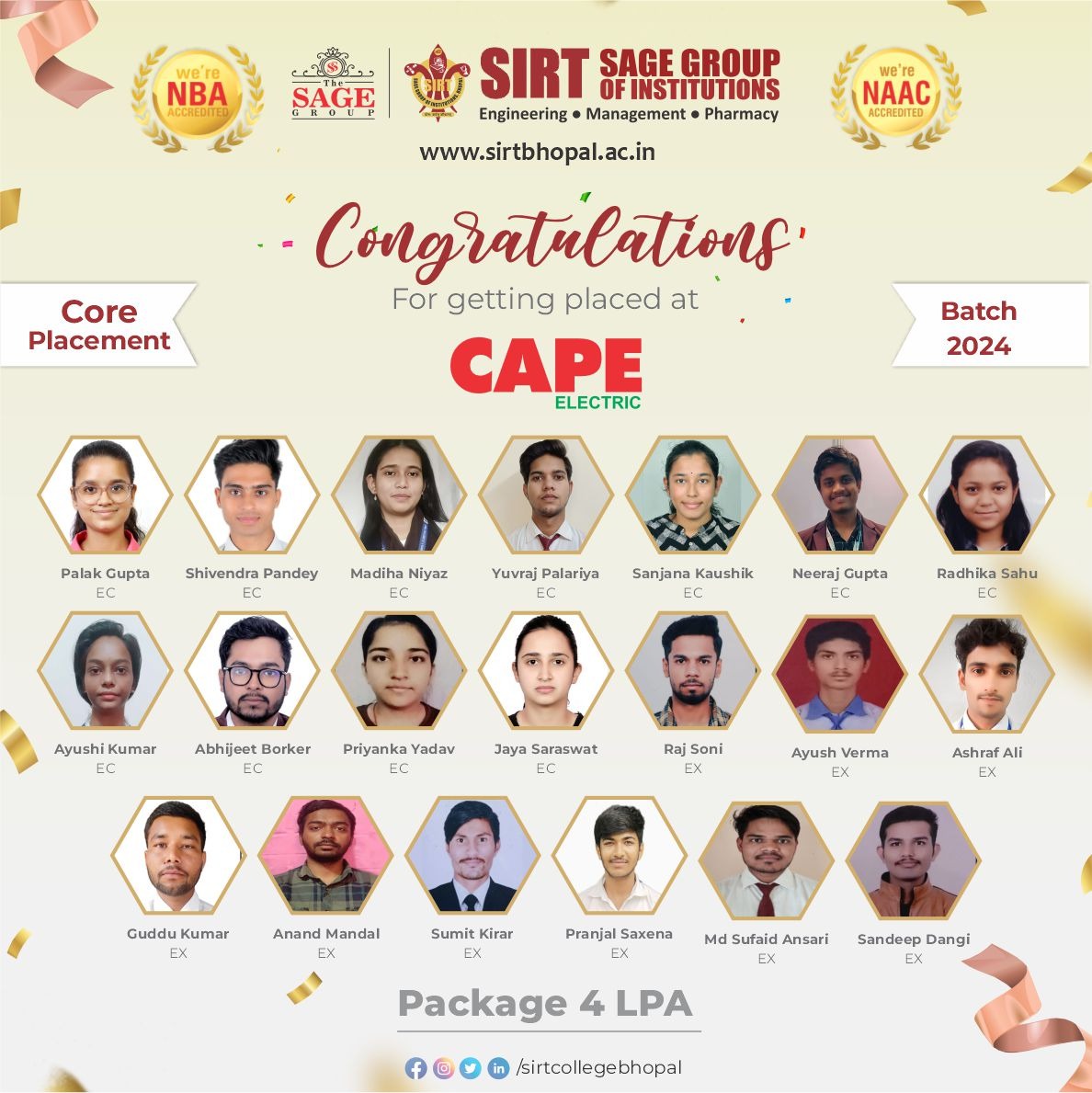 SIRT_BHOPAL's tweet photo. Congratulations 🎉🎉 our SAGEIANS  for getting placed at CAPE Electric ✨

SGI feel Happy and Excited for your success. Good luck for your Job..

#congratulation 
 #placement
#sirt
#sage
#sage group
#BestEngineeringCollege
#EngineeringcollegeinBhopal
#TopEngineeringCollegesinMPl https://t.co/YAlWfFOUaS