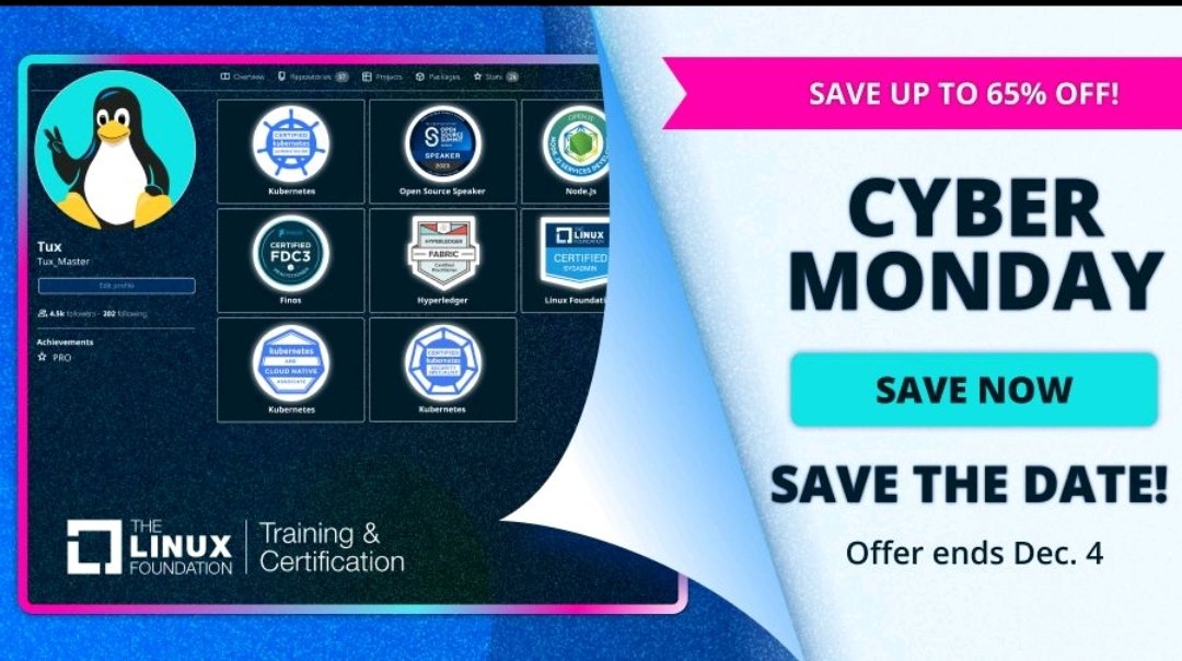 The Linux Foundation is offering up to 65% off their huge training catalog, and a FREE GIFT with EVERY PURCHASE!

Link to claim offer: lnkd.in/gfF-s3cM

#training #kernel #sysadmin #linux #docker #cybermonday #cybermonday2023 #k8s