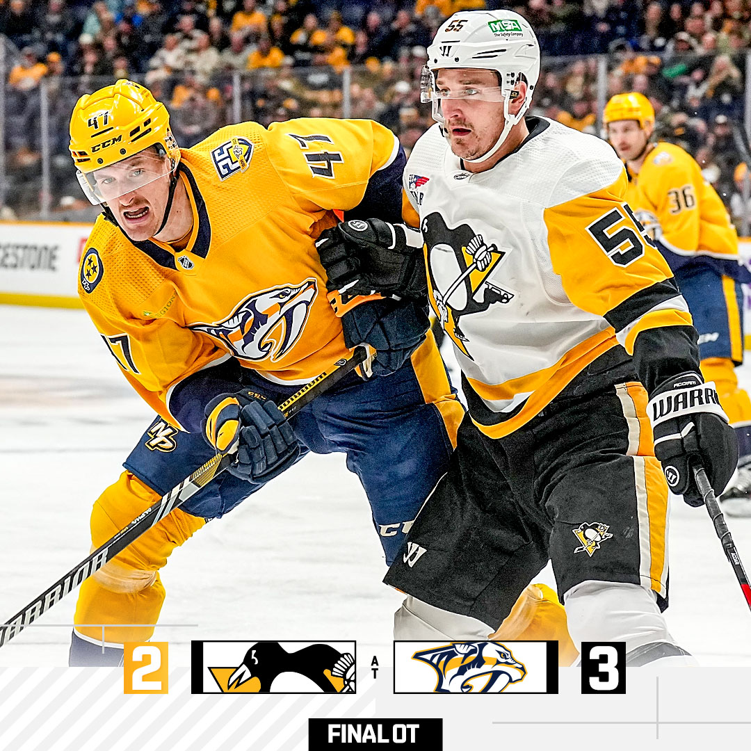 penguins's tweet photo. The Penguins fall to the Predators in OT, 3-2. https://t.co/RNIFlnF2sK