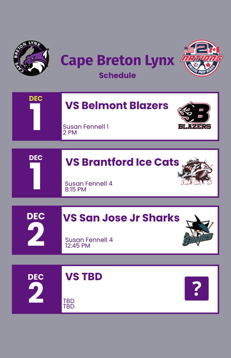 The Cape Breton Lynx will be traveling to Brampton this weekend to participate in the 2 Nations Hockey Tournament! Good luck team! #noweaklynx