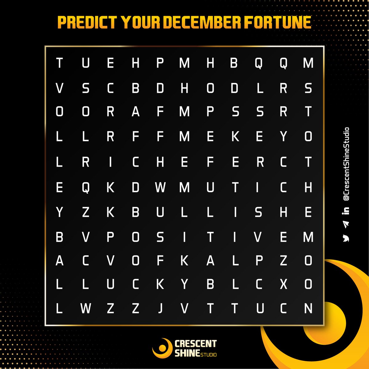 🔍 Unlock the secrets of #December with #CrescentShine! 🔐
🎁72 hours ▪️ $USDT 50 awaits 5 lucky winners💰 

Like/ QT &amp; enjoy the puzzle, find your fortune, and drop your BEP-20 wallet in the comments! Good luck guys #Crypto #TreasureHunt