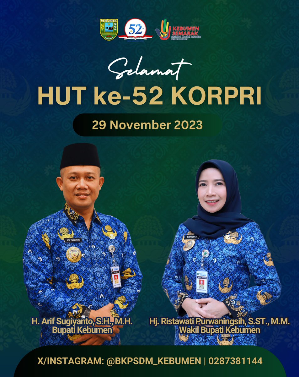 Selamat Hari Ulang Tahun ke-52 Korps Pegawai Republik Indonesia (KORPRI).

#BKPSDMKabKebumen
#KebumenSemarak