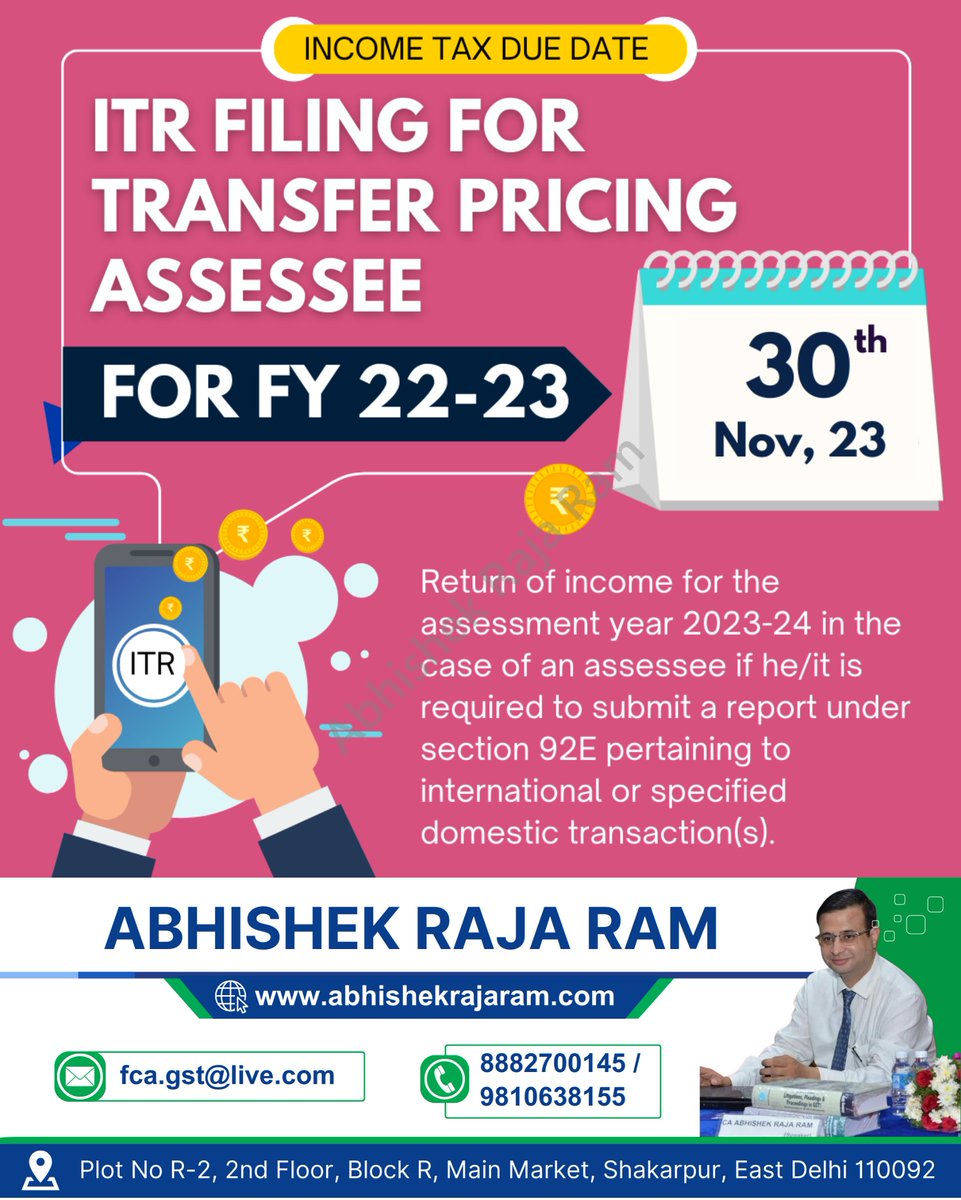 abhishekrajaram's tweet photo. Due Date Reminder
INCOME TAX DUE DATE
ITR FILING FOR TRANSFER PRICING ASSESSEE For FY 2022- 2023
#TransferPricing #TaxCompliance #IncomeTax #FinancialReporting #Taxation #TaxFiling #AssessmentYear https://t.co/guu7t71D7w