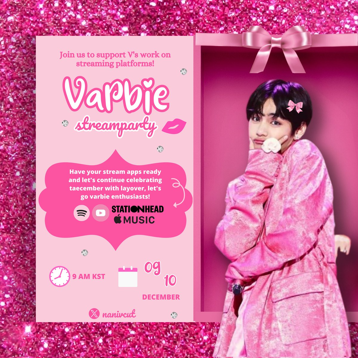 nanavcut's tweet photo. #PartyWithꪜarbie 🎀: Tae Crew! I invite you to join my 'barbie' themed streamparty to support one of the most amazing artists: 'V'.

Remember that we have a VDAY goal to get Layoꪜer to 1B streams, and we need your help to make it possible!  ↓ https://t.co/ngeBW3pi1D