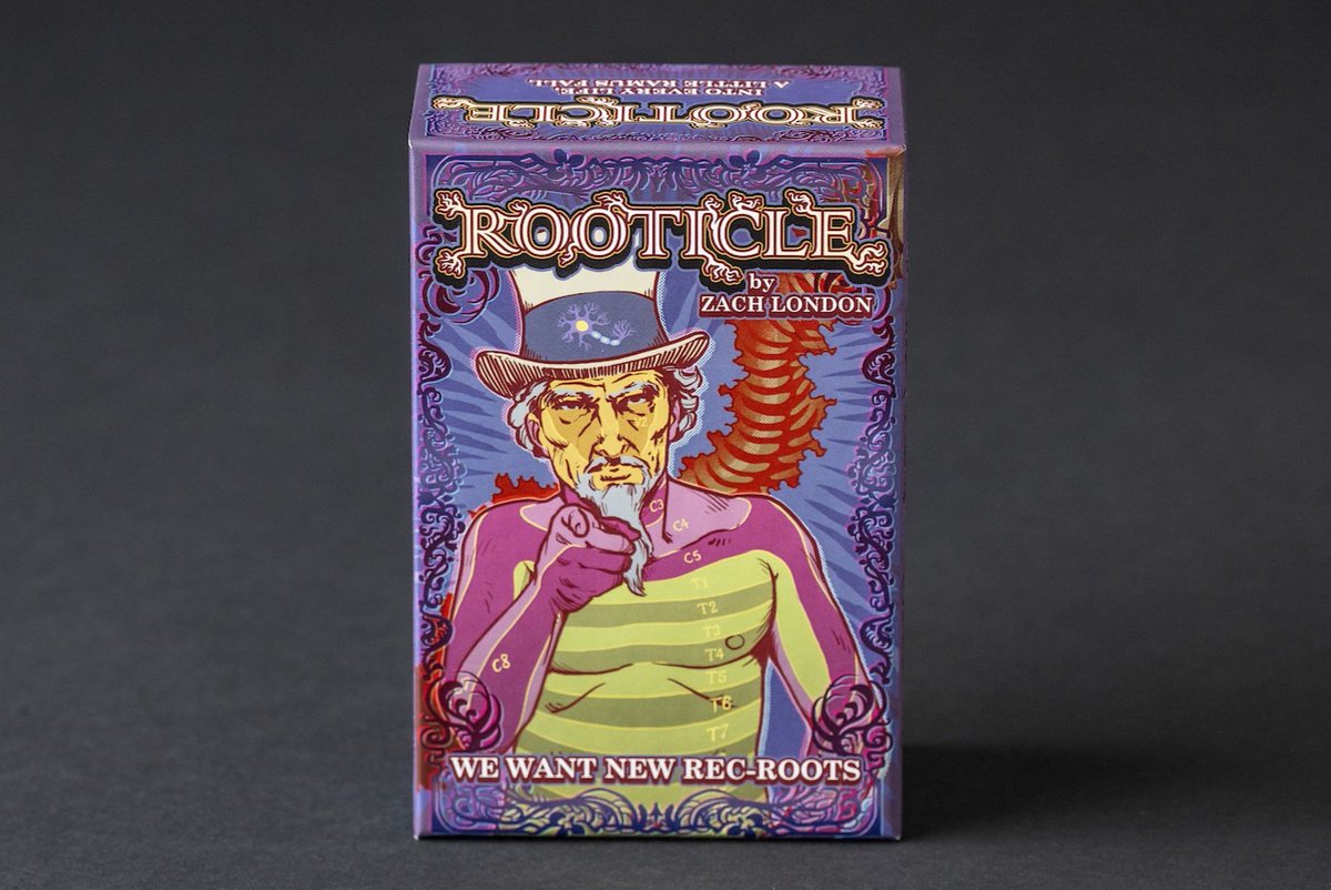 zach_london's tweet photo. Gather round, friends, or at least 3-5 of you, because I’m here to tell you about your new favorite 3-5 player neurology-adjacent card game, Rooticle.
(Rhymes with cuticle)
Now available at https://t.co/fSB5WJ7xUG
1/🧵 https://t.co/uV8V25XCTs