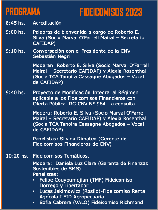 CAFIDAP_News's tweet photo. Hoy 29 de Noviembre a las 9.00 hs tendrá lugar en el Salón de Actos de la Bolsa de Comercio de Buenos Aires, una nueva edición del Foro Anual de CAFIDAP. “Fideicomisos 2023”. https://t.co/1g7dIqIWHi