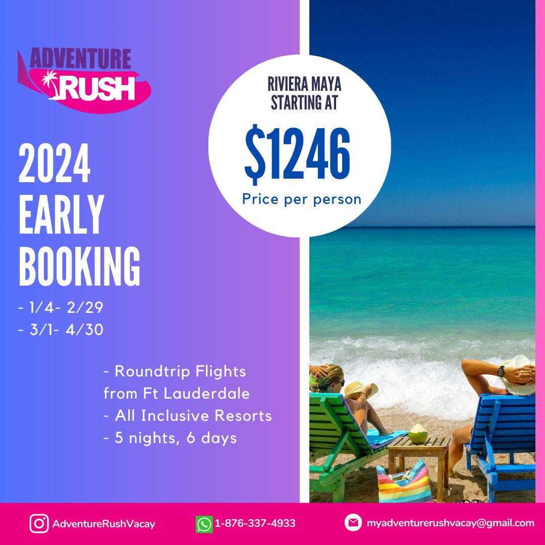Travel Deals Tuesday!
Book 2024 Deals now for the best price!

Roundtrip Flights from Ft Lauderdale +All Inclusive Resorts for 5 nights

DM or call to get started.

#travelagent #traveladvisor