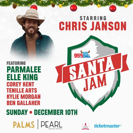 Make sure to get your tickets to see @thechrisjanson  @parmaleemusic @elleking at @palms in Las Vegas 🎰♠️♣️♥️ The Santa jam brought to you  by @955thebull @dudeitsice