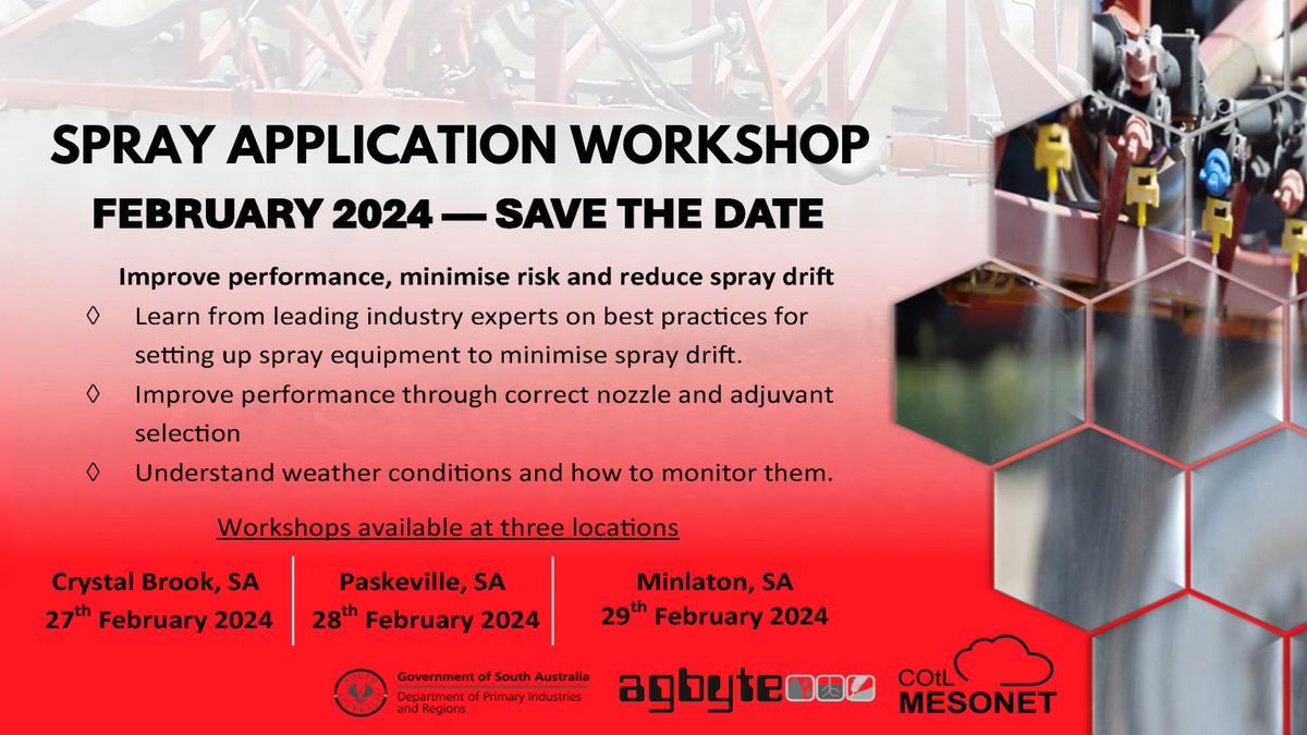 FMCANZ's tweet image. Ready to revolutionise your spray techniques? Register for an immersive workshop led by industry experts. From minimising drift to perfecting nozzle selection! Don't miss out, secure your spot: bit.ly/3uLeKuw #SmartSpraying