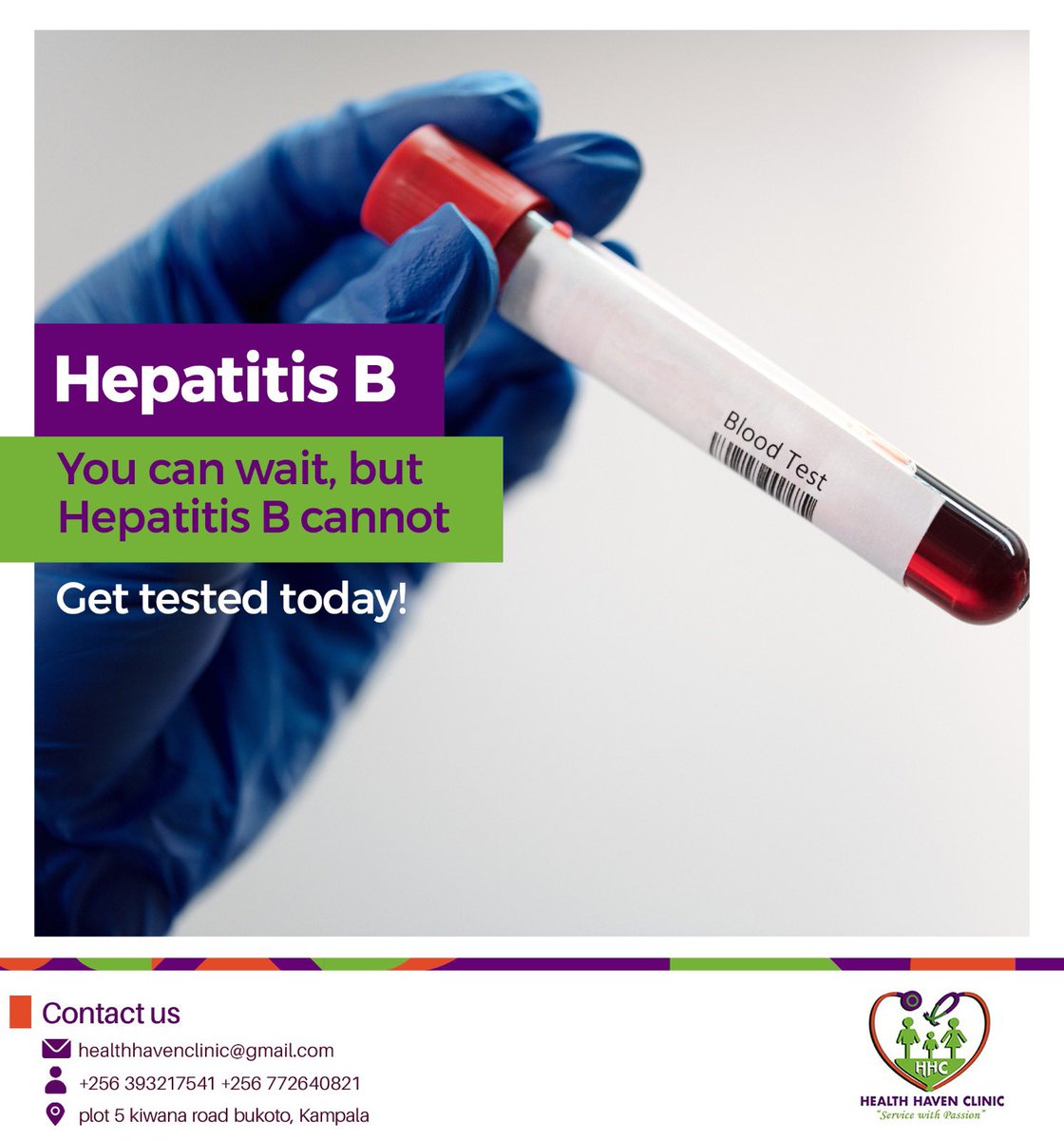 healthhavenug's tweet photo. Your time can wait, but your health can't! Don't delay, get tested for Hepatitis B today at Health Haven Clinic. 

#HealthHavenClinicUg https://t.co/HuFeOmQRmu