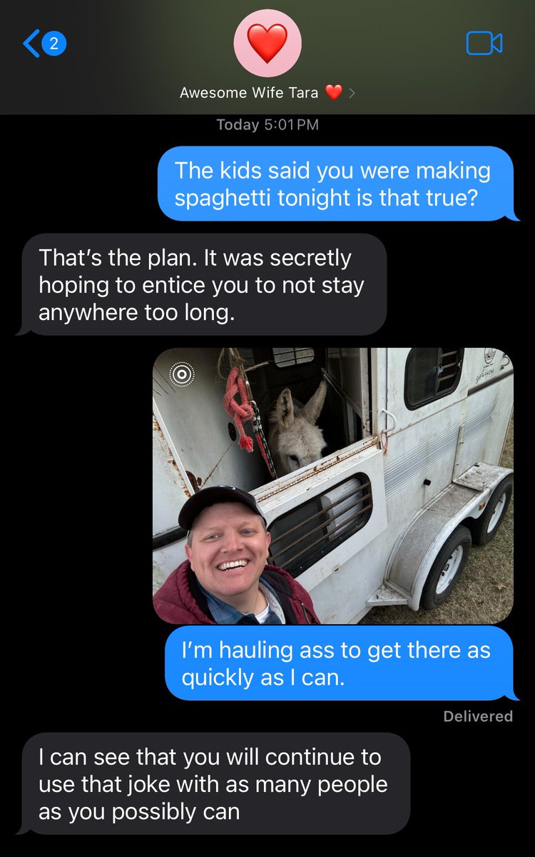 smartereveryday's tweet photo. My brothers, I possibly reached peak Dad joke tonight. Dad adopted a neglected donkey and I helped him pick it up and bring it home. I’m so proud of this setup and delivery I don’t know what to do with myself. I just keep pulling up these texts and laughing out loud. It’s SO GOOD https://t.co/Tm4InQoWAX