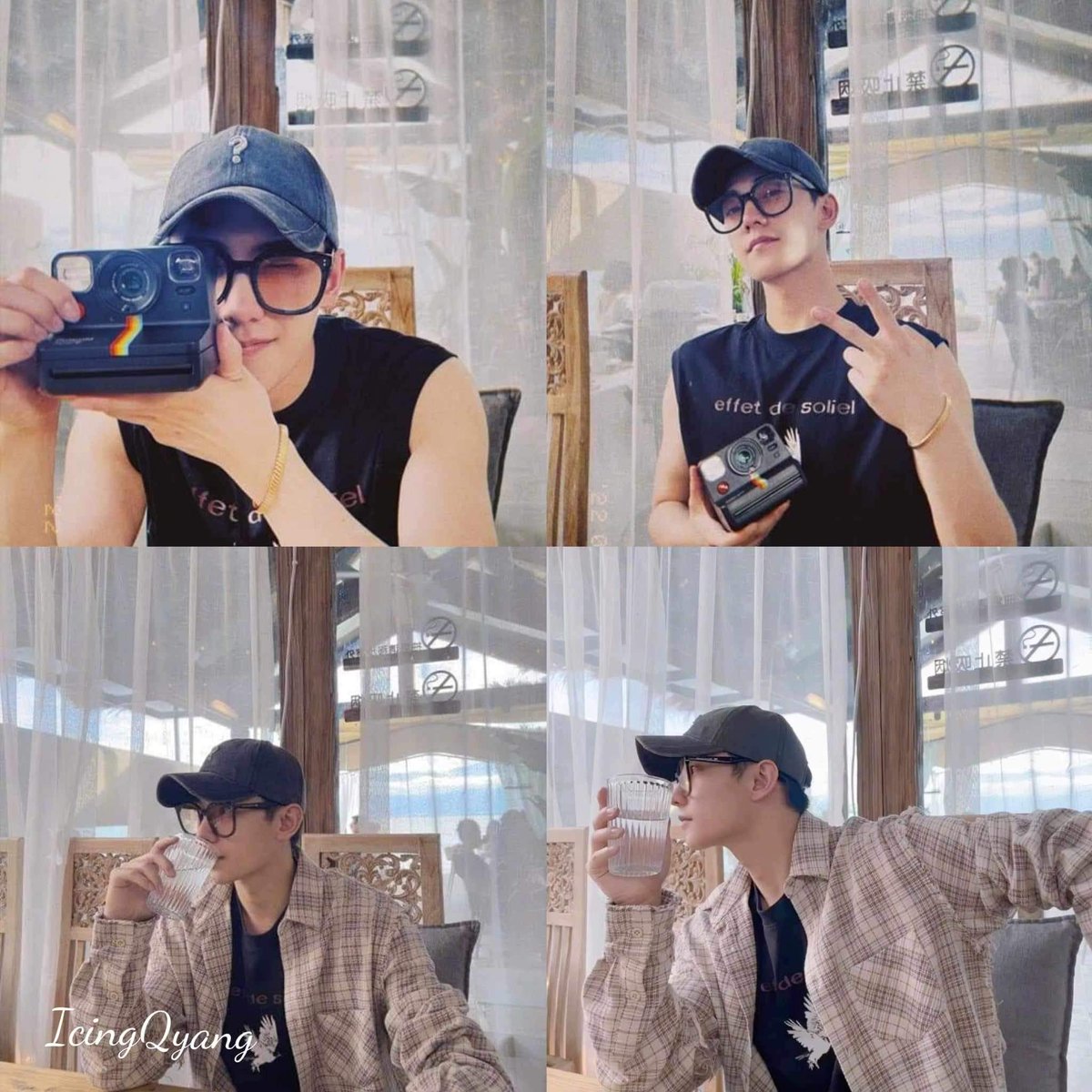 icingquinyang2's tweet photo. 20320809 #YangYang杨洋 #plog wearing #thelastredemption plaid shirt over a #effetdesoleil print sleeveless singlet and wearing #gentlemonster rosy shade while playing with his #polaroid camera. https://t.co/k6FeSM5UZd