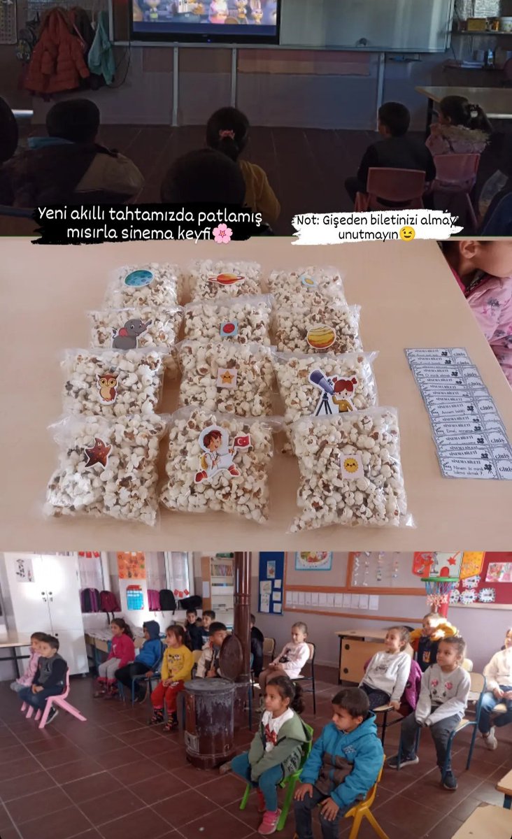 omerlianittepe's tweet photo. 1,2 ve ana sınıfımızla beraber yeni gelen akıllı tahtamızda ilk etkinliğimiz sinema! Biletlerimizde yazan cümleleri okuyarak biletimizi ve mısırlarımızı alıp filmimizi izleyip üzerine konuştuk, çok eğlendik🎉 @adnanciftci47 @mir_zal_zin @mardinilmem @OmerliMem https://t.co/ILxE8F5j0f