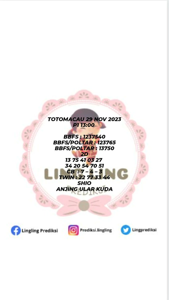 lingprediksi's tweet photo. PREDIKSI TTM P1 13:00
 29 NOV 2023

⚠️Tetap UPS⚠️
NO MAHAR | NO BERBAGI | 100%GRATIS.
info pasaran lain chat aja. GRATIS.

#prediksimacau #angkatogel #togelmacau  #angkamaintogel #kepritogel #togeljitu #togelonline #togelslot #togelterpercaya #togelaman #angkajp https://t.co/mpcWvQUbCr