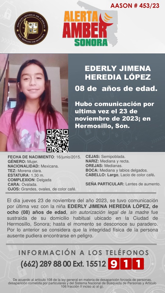 🚨SE ACTIVA ALERTA AMBER SONORA PARA BÚSQUEDA y LOCALIZACIÓN  de *EDERLY JIMENA HEREDIA LÓPEZ de 08 años de edad*, sustraída en Hermosillo, Sonora🟤

✨De antemano, muchas gracias por su contribución y apoyo a su difusión🙌📲🖥️📰👀