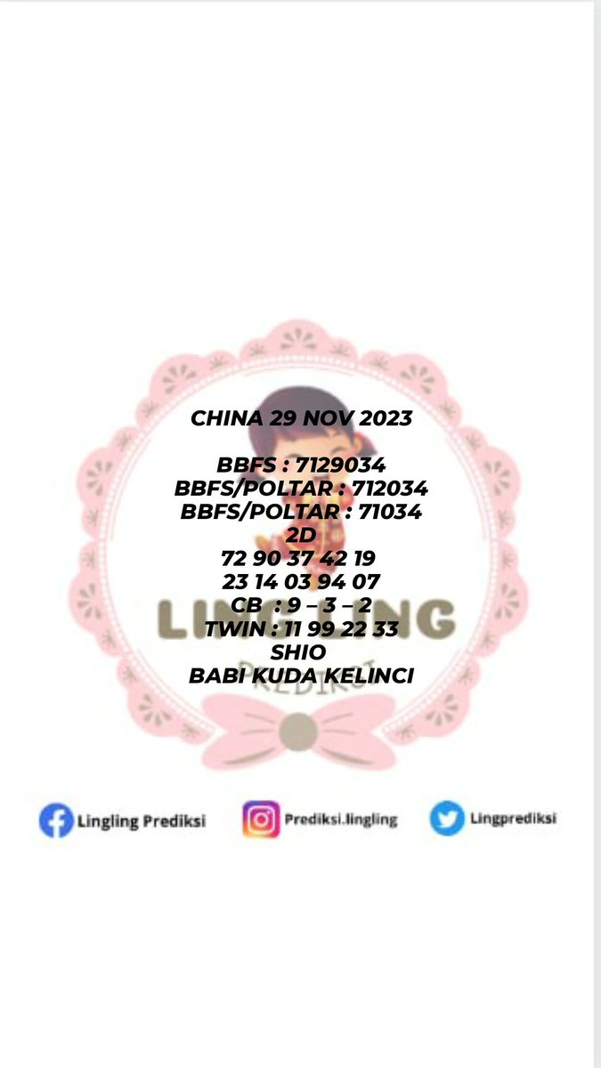 lingprediksi's tweet photo. PREDIKSI CHINA
 29 NOV  2023

⚠️Tetap UPS⚠️
NO MAHAR | NO BERBAGI | 100%GRATIS.
info pasaran lain chat saja GRATIS.

#TogeLovers  #togelakurat #bocoranchina #togelterbaik #togelchina #prediksitogel #prediksitogelhariini #prediksijitu #prediksiakurat #prediksichina https://t.co/iefkD6aZNa