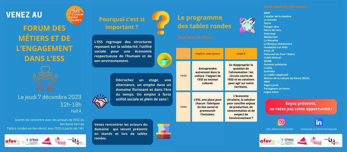 Forum de l'emploi, des #métiers et de l'#engagement dans l'#ESS 📅Jeudi 07 décembre 14h-17h. Un évènement organisé par l’@UnivLHNormandie la @CRESSNormandie la @MUTNormandie la @MAIF délégation du Havre et l' @AfevFrance en clôture de la 16e édition du #MoisESS23 en Normandie.