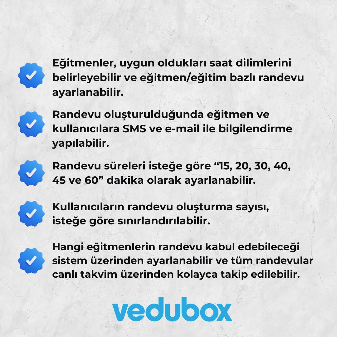 vedubox's tweet photo. Vedubox ile Randevularınızı Akıllıca Yönetin, Zaman Kazanın!

Siz de hemen Vedubox 'ın Rehberlik Randevu Modülü ile tanışın ve randevularınızı kolayca yönetin!
https://t.co/xFDeUMdJ8M https://t.co/hdp30okCWu