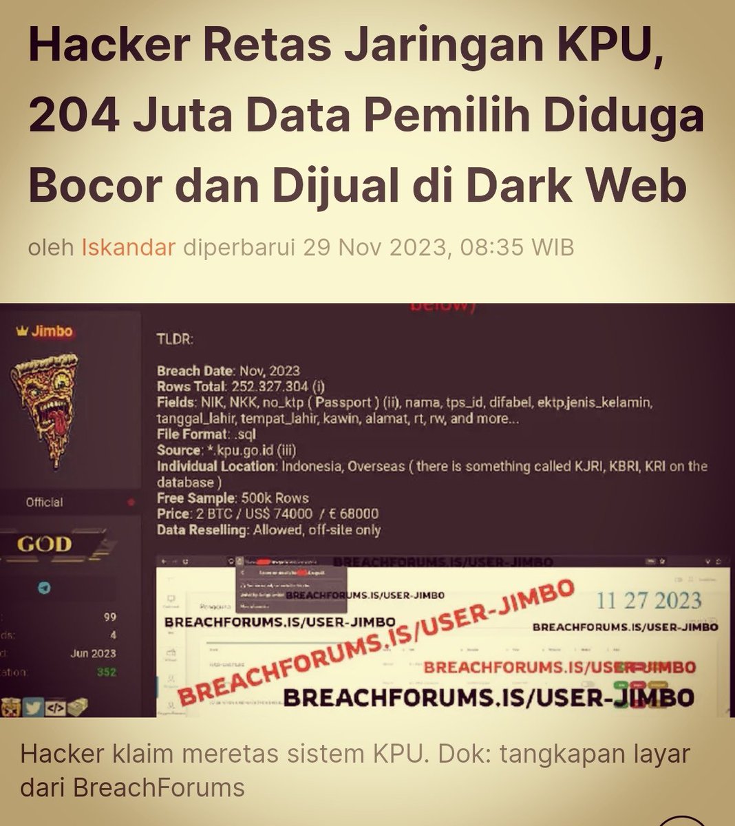 WagimanDeep212_'s tweet photo. Hacker dgn inisial Jimbo berhasil meRetas Jaringan KPU
204 Juta Data Pemilih Diduga Bocor dan Dijual di Dark Web senilai 1,2M..
Data pemilih dari 514 kab/kota di Indonesia serta 128 negara perwakilan!! 

https://t.co/KWOn8ixp1A https://t.co/ohRctf9b89