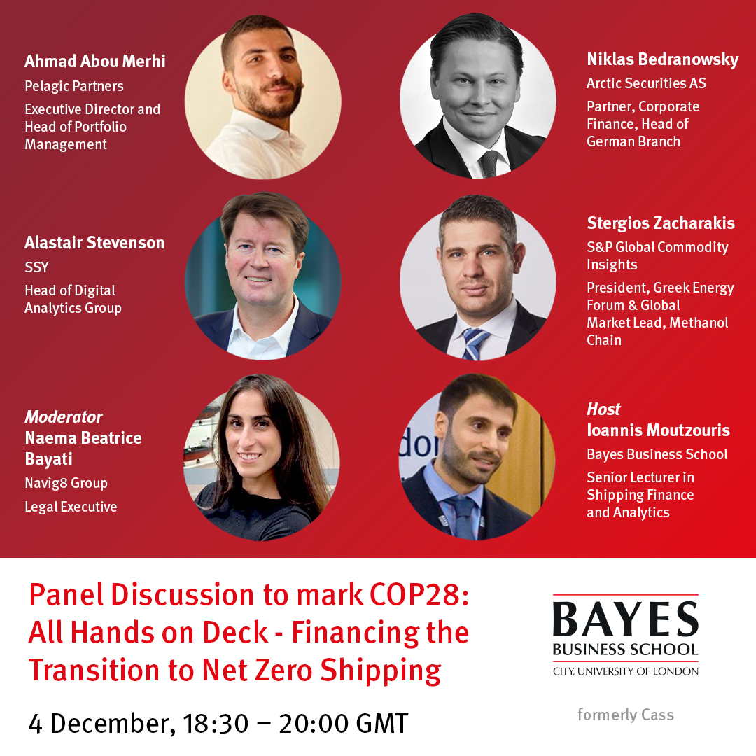 Join Bayes for 'Financing the transition to Net Zero Shipping' with Dr Ioannis Moutzouris and moderated by Naema Bayati as they discuss with guests sustainability strategies, research, and opportunities 🗓️ Dec 4, 18:30-20:00 🎟️ Free Sign up ➡️ ow.ly/iYkC50QaoX7 #COP28