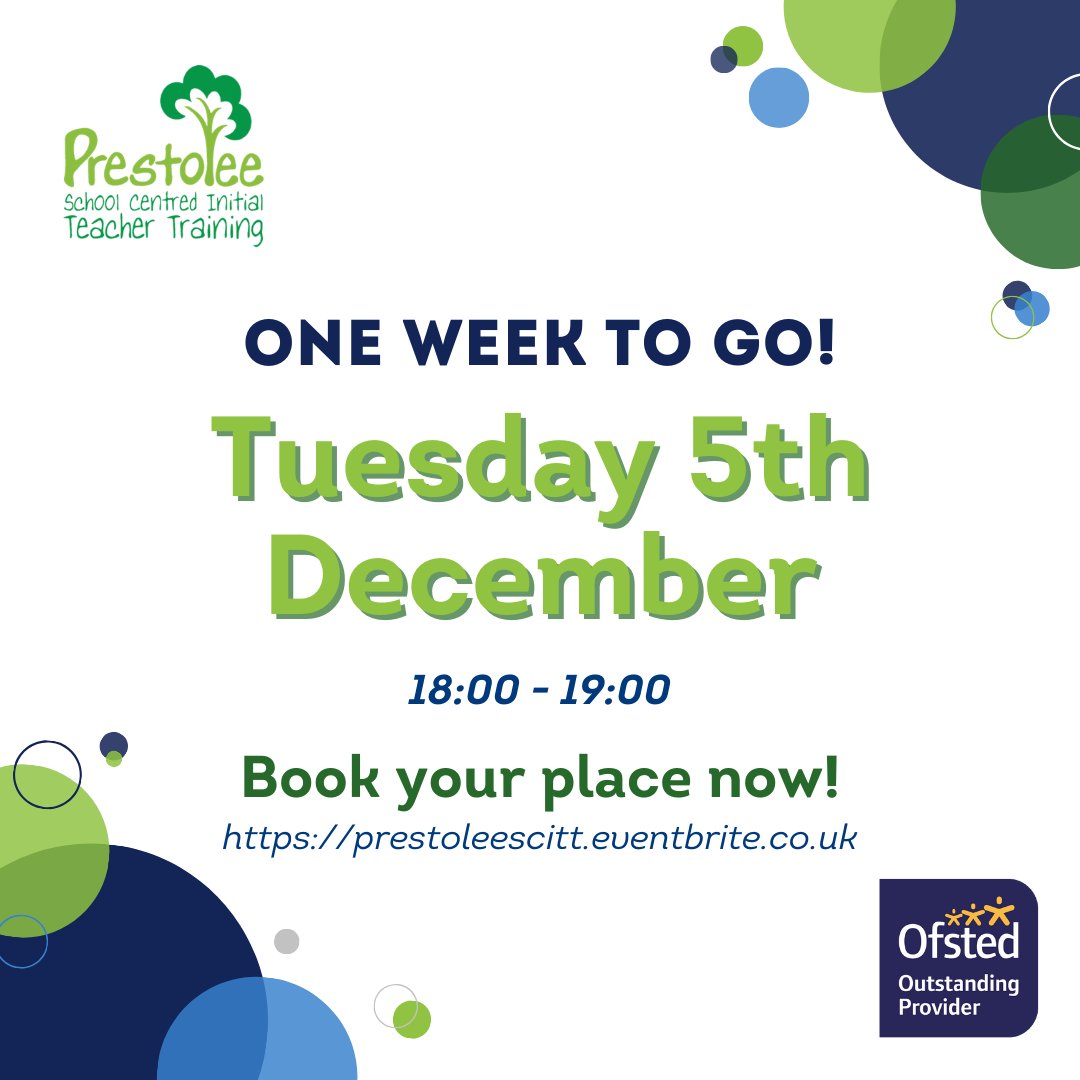 PrestoleeScitt's tweet photo. One week to go! Join our online information event to learn more about teacher training with Prestolee SCITT. 

Book your place at https://t.co/jx7GTWbjRm now!

#TeacherTraining #Event #PrestoleeSCITT https://t.co/6OEZcpjdvC